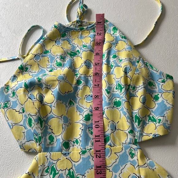 ZARA Floral Halter Mini Dress | Yellow Blue Open Back Cutout Summer Dress | Size - Picture 7 of 9